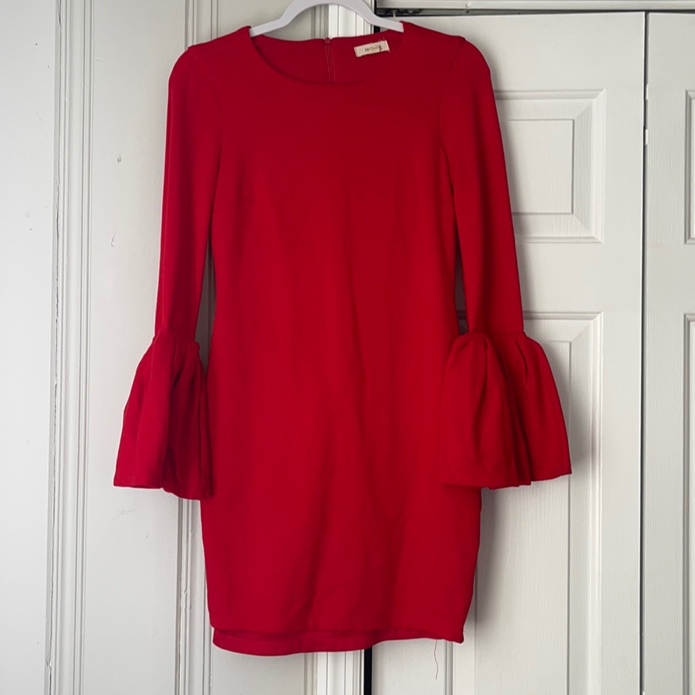 Red fitted dress with bell sleeves